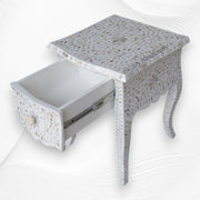 White Mother Of Pearl Inlay French Bedside 1 Drawer Floral Design
