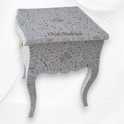 White Mother Of Pearl Inlay French Bedside 1 Drawer Floral Design