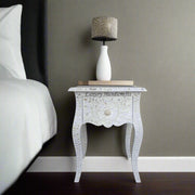 White Mother Of Pearl Inlay French Bedside 1 Drawer Floral Design