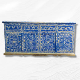 Blue Arabic floral bone inlay buffet – handcrafted wooden sideboard with intricate inlay patterns