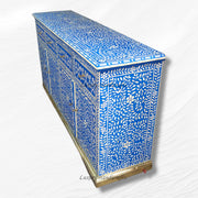 Artisan-crafted bone inlay buffet in blue with traditional Arabic floral motifs