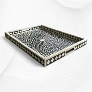 Black Bone Inlaid Rectangular Tray Floral Design | Bone Inlay Serving Tray