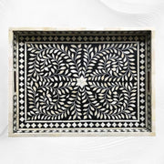 Black Bone Inlaid Rectangular Tray Floral Design | Bone Inlay Serving Tray