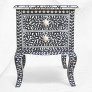 Black Bone Inlay Floral 2 Drawer Curved Leg Bedside