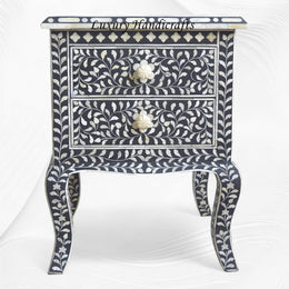 Black Bone Inlay Floral 2 Drawer Curved Leg Bedside