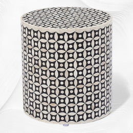 Black Bone Inlay Round Stool Geometric Design