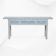 Blue Geometric Bone Inlay 3 Drawer Console Long Edges