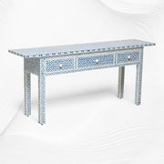 Blue Geometric Bone Inlay 3 Drawer Console Long Edges