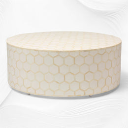 Bone Inlaid Round Coffee Table Honeycomb White | Bone And Wood Inlay Table