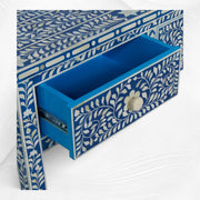 Bone Inlay Floral 3 Drawer Console Edge Dark Blue