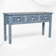 Bone Inlay Floral 3 Drawer Console Edge Dark Blue