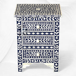 Bone Inlay Floral 3 Drawers Bedside Blue | Bone Inlay Nightstands