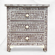 Bone Inlay Floral 3 Drawers Bedside Brown Large
