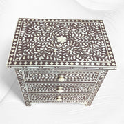 Bone Inlay Floral 3 Drawers Bedside Brown Large