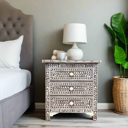 Bone Inlay Floral 3 Drawers Bedside Brown Large