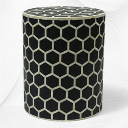 Bone Inlay Round Stool Honeycomb Design Black