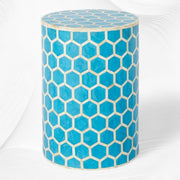 Bone Inlay Round Stool Honeycomb Design Turquoise