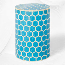 Bone Inlay Round Stool Honeycomb Design Turquoise
