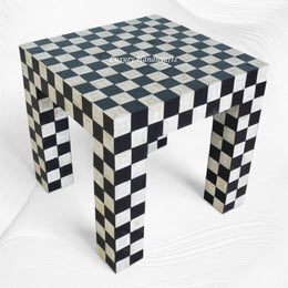 Bone Inlay Side Table Chessboard Design Black