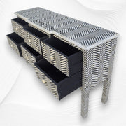 Chevron Bone Inlay 6 Drawer Console Black