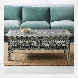 Floral Bone Inlay 2 Drawer Coffee Table Black | Coffee Table With Inlay