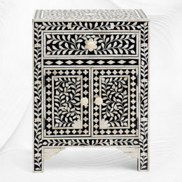 Floral Bone Inlay Bedside Black
