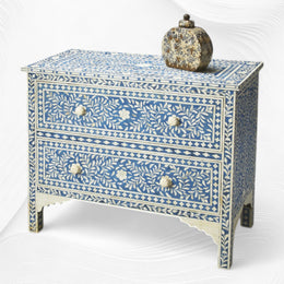 Bone Inlay Floral Chest Of Two Drawer Blue