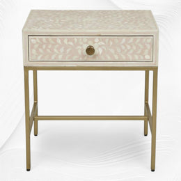 Floral Bone Inlay Nightstand 1 Drawer Pink