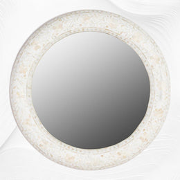 Floral Bone Inlay Round Mirror White