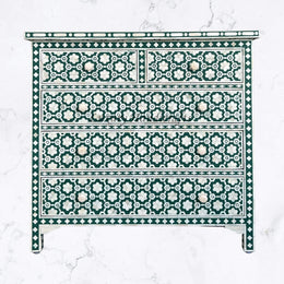 Flower Bone Inlay 5 Drawer Chest Teal Green 1
