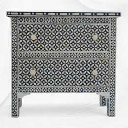 Geometric Bone Inlay 2 Drawer Bedside Large Black