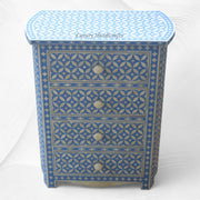 Geometric Bone Inlay 4 Drawer Bedside Blue | Blue Bedside Table