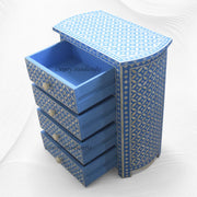 Geometric Bone Inlay 4 Drawer Bedside Blue | Blue Bedside Table