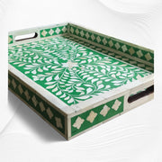 Green Bone Inlaid Rectangular Tray Floral Design | Bone Inlay Serving Tray