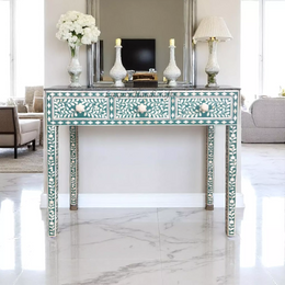 Green Bone Inlay Floral 3 Drawer Console