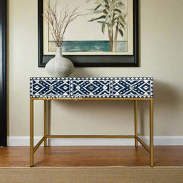 Ikat Mother of Pearl Inlay Console Table Blue