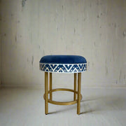 Ikat Mother of Pearl Inlay Round Stool Blue