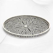 Large Round Bone Inlay Tray Floral Design Black
