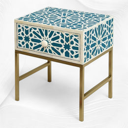 Marrakesh Bone Inlay Bedside 1 Drawer Teal Green