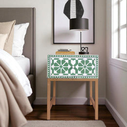 Moroccan Bone Inlay Bedside 1 Drawer Green