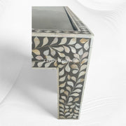 Elegant Peacock Motif Mother of Pearl Inlay Bed in Dark Grey Finish – Handcrafted Statement Furniture