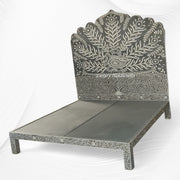 Handcrafted Peacock Design Mother of Pearl Inlay Bed in Dark Grey – Luxury Bedroom Furniture