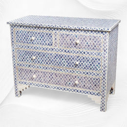 Quatrefoil Blue Colored Bone Inlay Chest of 4 Drawer