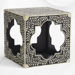 Quatrefoil Bone Inlay Side Table Black Floral