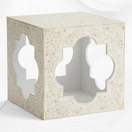 Quatrefoil Bone Inlay Side Table White Floral