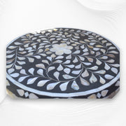 Round Side Table Mother of Pearl Inlay Black Floral