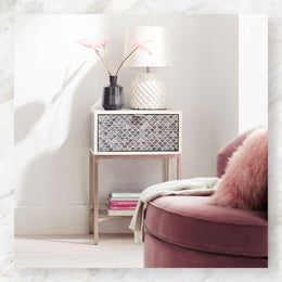Scallop grey bone inlay nightstand – luxury handcrafted bedside table