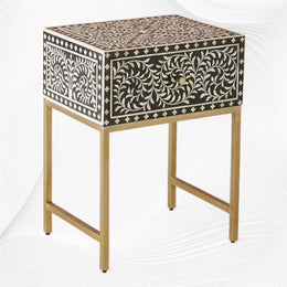 Scroll Vine Bone Inlay Nightstand Black