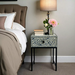Scroll Vine Bone Inlay Nightstand Blue Black
