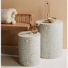 Scroll Vine Bone Inlay Side Table Dove Grey